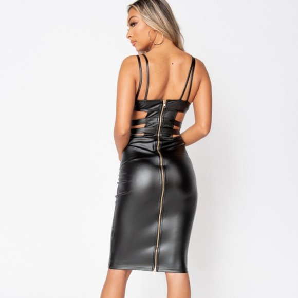 Vegan Leather Sleeveless Cutout Bodycon Midi Dress - Picture 5 of 8